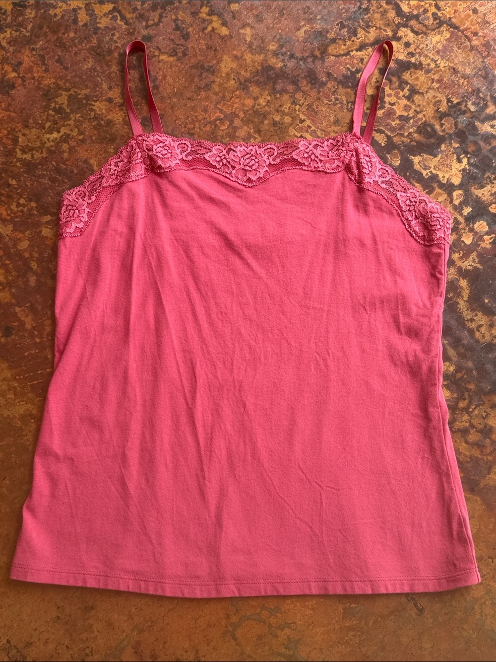 Ann Taylor Coral Lace-Trim Square Neckline Cotton Adjustable Straps Camisole-Sml